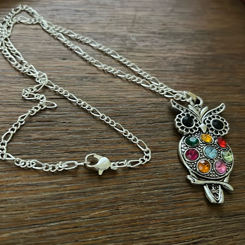 Necklace Owl 🦉 Silvertone Chain, gems in red, green,blue, yellow, orange